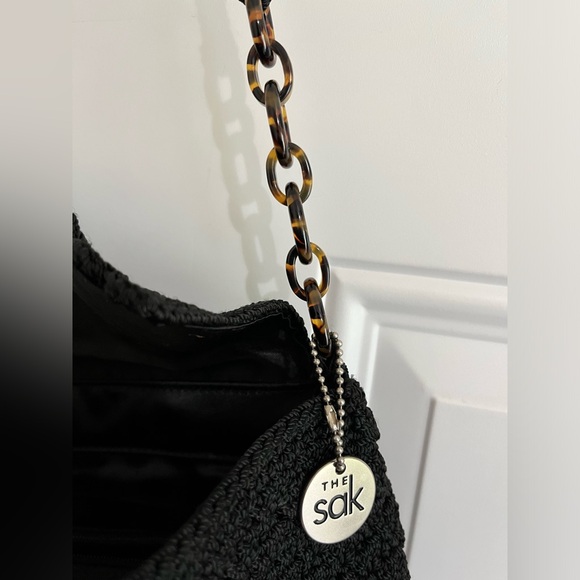The Sak Black Crochet Flap Snap Closure Faux Tortoise Links Shoulder Mini Bag - Picture 7 of 11